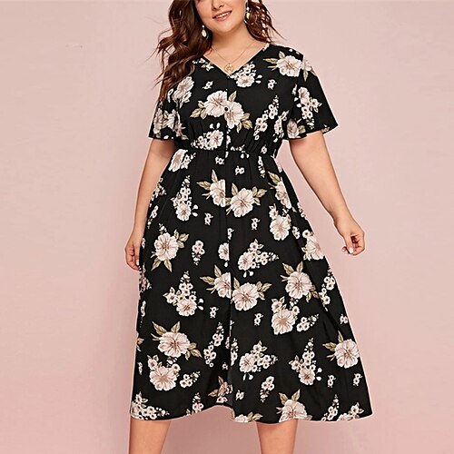 

Women's Plus Size Holiday Dress Floral V Neck Split Short Sleeve Spring Summer Casual Midi Dress Causal Daily Dress / Print