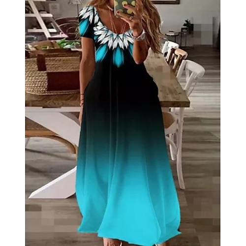 

Women's A Line Dress Maxi long Dress Blue Short Sleeve Floral Color Block Ruched Print Spring Summer U Neck Elegant Casual 2022 S M L XL XXL 3XL