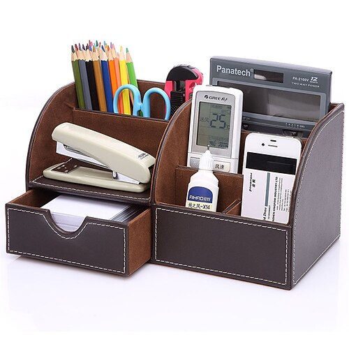 

Pen Holder Cup Multifunction Big Capacity With Drawer PU Leather for Office Men Home