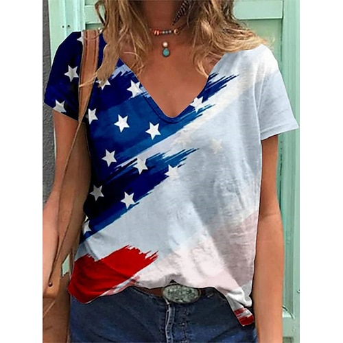 

Women's T shirt National Flag Print V Neck Basic Tops White / 3D Print