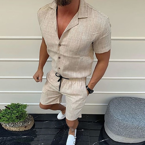 

Men's Shirt Solid Color Turndown Street Casual Button-Down Short Sleeve Tops Casual Fashion Breathable Comfortable Khaki Summer Shirt