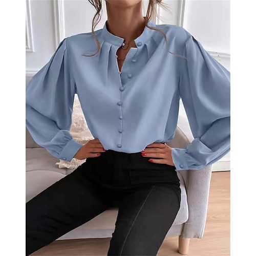 

Women's Blouse Shirt Blue Khaki White Plain Button Long Sleeve Daily Weekend Streetwear Casual Standing Collar Regular S