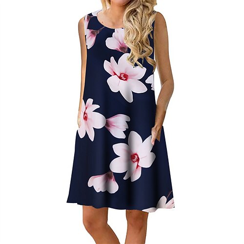 

Women's A Line Dress Short Mini Dress Blue White Black Dark Blue Yellow Sleeveless Floral Pocket Print Spring Summer Crew Neck Casual 2022 S M L XL XXL 3XL