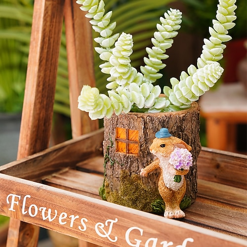 

Rabbit Flower Holding Stump Flowerpot Decorative Objects Resin Modern Contemporary for Home Decoration Gifts 1pc