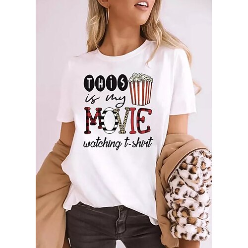 

Women's Painting T shirt Plaid Leopard Text Print Round Neck Basic Tops White