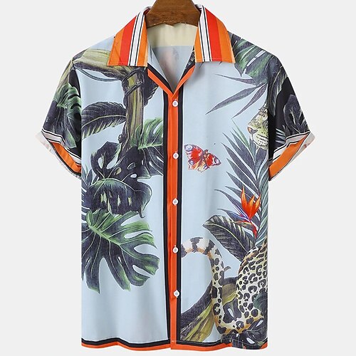 

Men's Shirt Leaves Turndown Casual Daily Button-Down Print Short Sleeve Tops Casual Fashion Comfortable Sports Blue