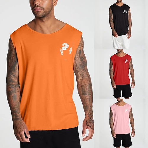 

Men's Tank Top Vest Hot Stamping Graphic Hand Crew Neck Casual Daily Print Sleeveless Tops Lightweight Fashion Big and Tall Sports Black Pink Orange