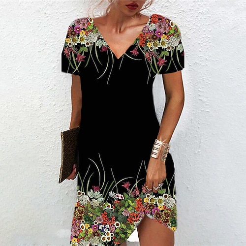 

Women's A Line Dress Short Mini Dress Black Short Sleeve Floral Print Spring Summer V Neck Casual Vacation 2022 S M L XL XXL 3XL