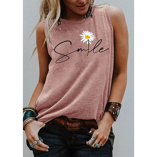 

Women's Tank Top Blue Purple Pink Floral Letter Print Sleeveless Daily Holiday Basic Round Neck Regular S