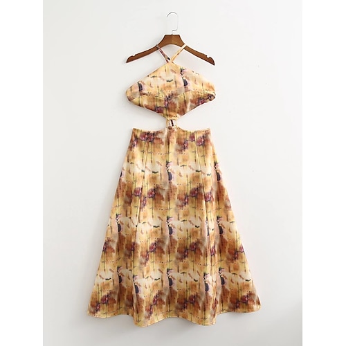 

Women's Sundress Midi Dress Yellow Sleeveless Floral Print Backless Lace up Zipper Spring Summer Halter Neck Casual Vacation 2022 S M L