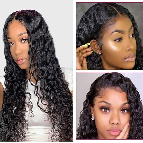 

T-Part Lace Front Wigs Water wave Wig Brazilian Virgin Human Hair Wigs 4X1 Lace Closure Wig For Black Women 150% Density Wet and Wavy Pre Plucked with Baby Hair Natural Color