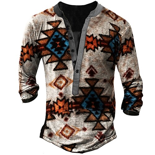 

Men's T shirt Tee Henley Shirt Graphic Argyle Henley Brown 3D Print Street Casual Long Sleeve Button-Down Print Clothing Apparel Basic Fashion Classic Comfortable / Sports