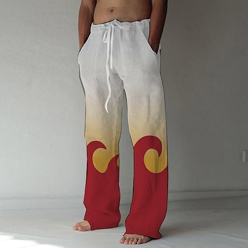 

Inspired by Demon Slayer: Kimetsu no Yaiba Rengoku Shinjurou Linen Pants Straight Trousers Cotton Blend Anime Elastic Drawstring Design Front Pocket Pants For Men's