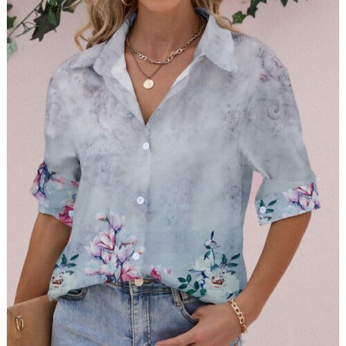 

Women's Floral Theme Shirt Graphic Flower Print Shirt Collar Casual Tops Green Blue Light Green / 3D Print