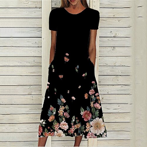 

Women's Casual Dress Midi Dress Black Short Sleeve Floral Pocket Spring Summer Crew Neck Modern 2022 S M L XL XXL 3XL