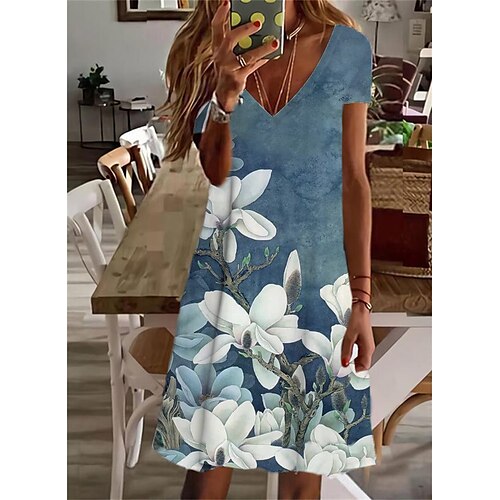 

Mujer Vestido informal Vestido de cambio Azul Piscina Manga Corta Floral Estampado Primavera Verano Escote en Pico Holgado 2022 S M L XL XXL 3XL