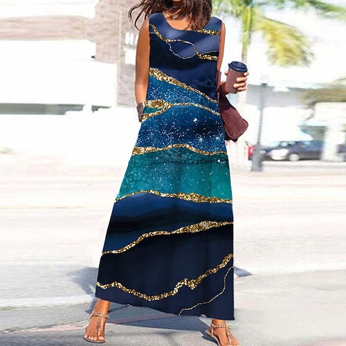 

Women's A Line Dress Maxi long Dress Blue Sleeveless Print Pocket Print Spring Summer Round Neck Stylish Casual Vacation 2022 S M L XL XXL 3XL