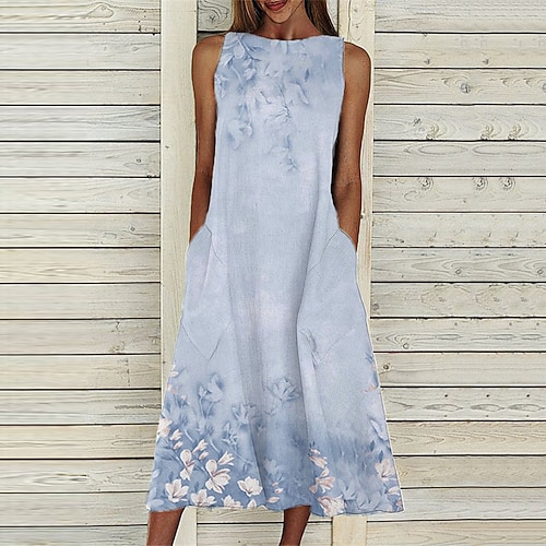 

Women's A Line Dress Midi Dress Blue Sleeveless Floral Color Gradient Pocket Print Spring Summer Crew Neck Casual Vacation 2022 S M L XL XXL 3XL