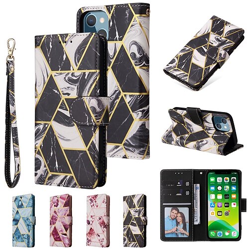 

Phone Case For Apple Wallet Card iPhone 13 Pro Max 12 Mini 11 X XR XS Max 8 7 Shockproof with Wrist Strap Card Holder Slots Flower Marble PU Leather
