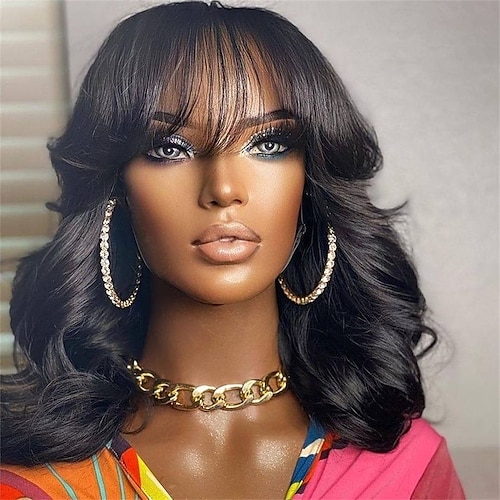 

Remy Human Hair Wig Body Wave With Bangs Natural Black Fashionable Design Classic Women Capless Brazilian Hair Women's Natural Black #1B 10 inch 12 inch 14 inch Party / Evening Daily Daily Wear