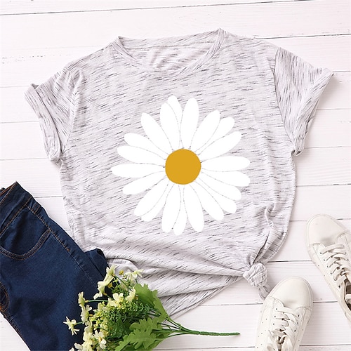 

Women's Plus Size Tops Blouse T shirt Tee Daisy Print Short Sleeve Crewneck Basic Streetwear Daily Vacation Cotton Spring Summer Green White