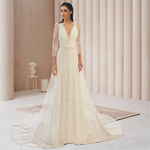 

Two Piece Sheath / Column Wedding Dresses V Neck Court Train Detachable Lace Tulle Long Sleeve Formal Romantic Sexy Backless with Bow(s) 2022