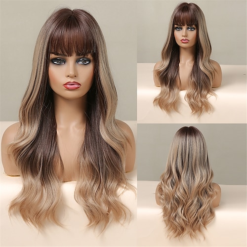 

HAIRCUBE Long Wavy Ombre Brown/Auburn/Ash Brown/Dark Brown/Dark Synthetic Wigs with Bangs Natural Straight Wig For African American Women Coaplay