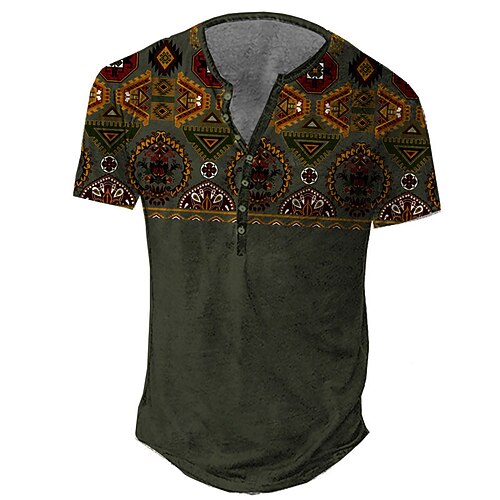 

Men's Henley Shirt Tee T shirt 3D Print Graphic Geometry Plus Size Henley Daily Sports Button-Down Print Short Sleeve Tops Basic Casual Designer Chinoiserie Green