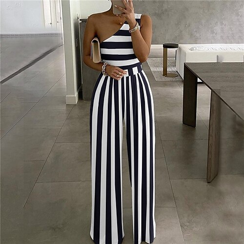 

Women's Jumpsuit Backless Striped One Shoulder Elegant Office Daily Regular Fit Sleeveless Yellow Red Black S M L Spring