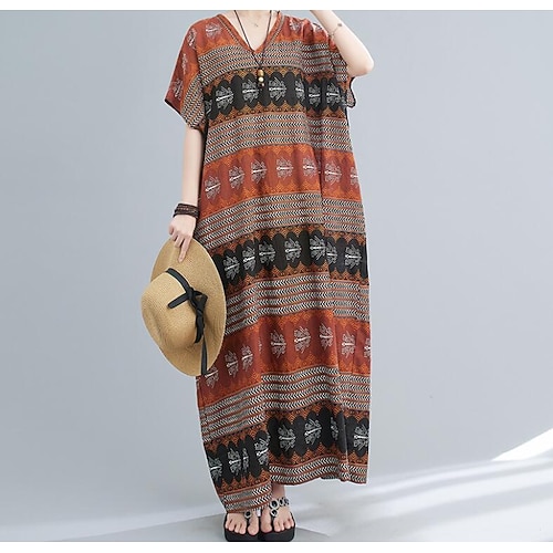 

Women's Shift Dress Maxi long Dress Blue Orange Short Sleeve Print Print Summer V Neck Vintage 2022 One-Size