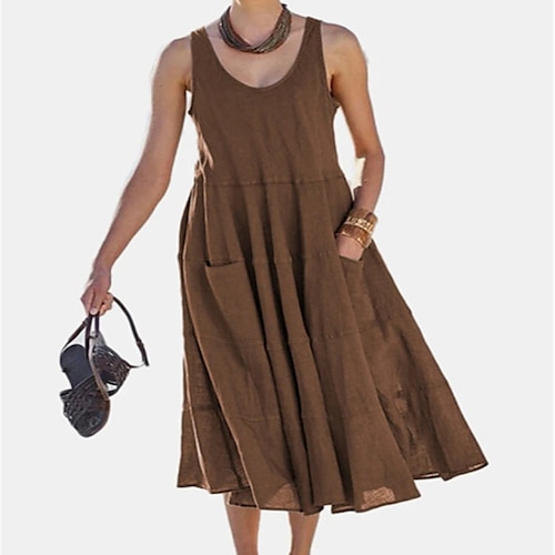 

Women's Swing Dress Midi Dress Brown Light Blue Sleeveless Pure Color Backless Ruched Pocket Spring Summer Round Neck Vacation 2022 S M L XL XXL 3XL