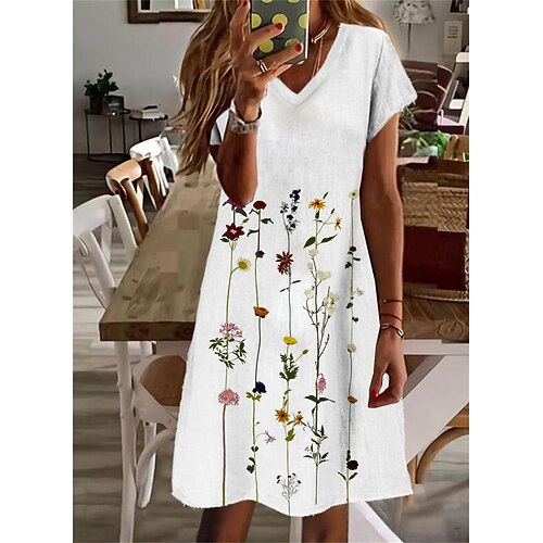 

Women's Shift Dress Knee Length Dress White Short Sleeve Floral Print Spring Summer V Neck Stylish Casual 2022 S M L XL XXL 3XL