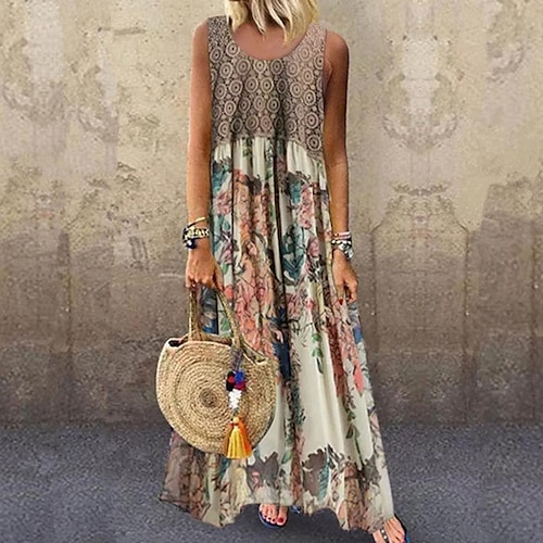 

Women's Swing Dress Maxi long Dress Green Blue Beige Sleeveless Floral Geometic Print Spring Summer Round Neck Hot Casual Holiday 2022 S M L XL XXL 3XL 4XL 5XL