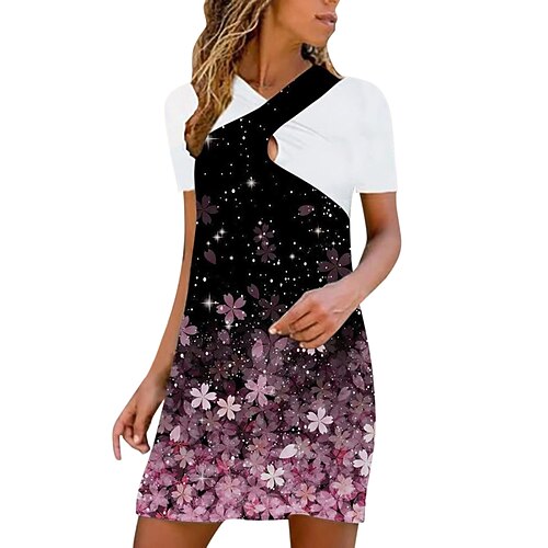 

Women's Sheath Dress Short Mini Dress Black Pink Yellow Short Sleeve Floral Color Block Patchwork Print Spring Summer V Neck Casual 2022 S M L XL XXL 3XL