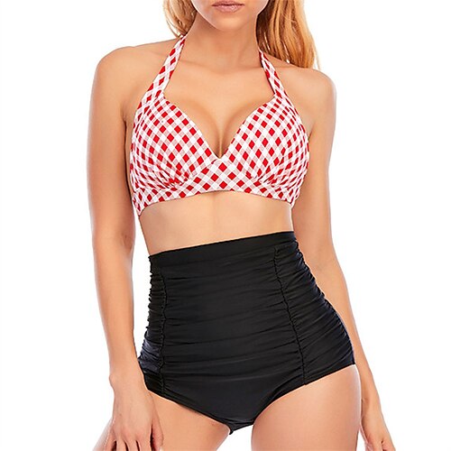 

Women's Swimwear Bikini 2 Piece Plus Size Swimsuit 2 Piece Printing High Waisted string for Big Busts Plaid Pure Color White Black Rosy Pink Red Halter V Wire Bathing Suits New Stylish Vacation