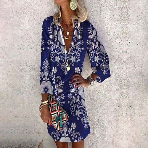 

Women's Shift Dress Short Mini Dress Blue White Black Purple Fuchsia Yellow Light Blue 3/4 Length Sleeve Floral Striped Print Spring Summer V Neck Personalized Work Elegant 2022 S M L XL XXL