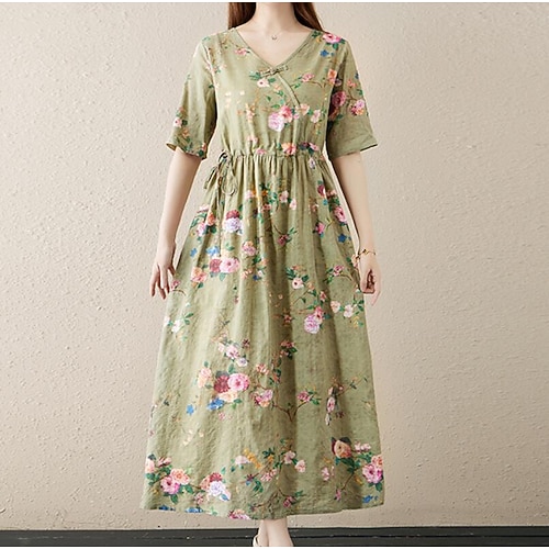 

Women's A Line Dress Maxi long Dress Green Pink Light Green Wine Short Sleeve Floral Print Print Summer Crew Neck Personalized Vintage Linen M L XL XXL