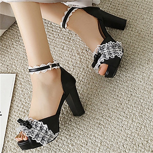 

Femme Chaussures à Talons du quotidien Eté Dentelle Talon Bottier Bout ouvert Doux Cuir PU Lanière de cheville Couleur Pleine Amande Noir Blanche