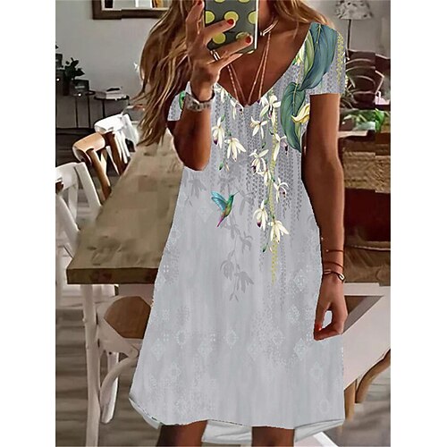 

Women's A Line Dress Short Mini Dress Blue Gray Short Sleeve Floral Print Spring Summer V Neck Stylish Casual Vacation 2022 S M L XL XXL 3XL