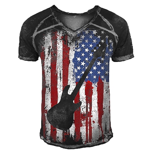 

Men's T shirt 3D Print Graphic Guitar National Flag V Neck Street Casual Print Short Sleeve Tops Basic Fashion Classic Comfortable Red