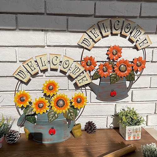 

Garden Themed Vintage Metal Hang Sunflower Welcomeing Sign Garden Door Hanging Home Patio Decor