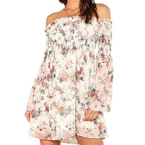 

Women's A Line Dress Short Mini Dress Beige Long Sleeve Floral Backless Print Spring Summer Off Shoulder Elegant Casual Vacation 2022 S M L