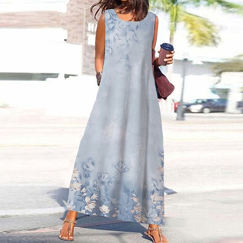 

Women's Shift Dress Maxi long Dress Blue Sleeveless Floral Color Gradient Print Spring Summer U Neck Casual Vacation 2022 S M L XL XXL 3XL