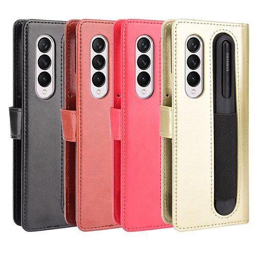 

Phone Case For Samsung Galaxy Full Body Case Z Fold 3 Shockproof with Wrist Strap Card Holder Slots Solid Colored PU Leather