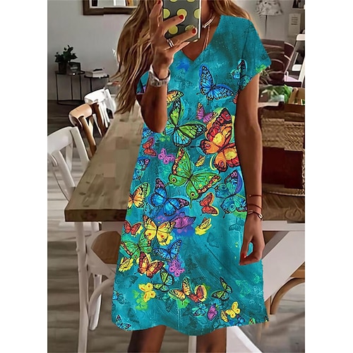 

Mujer Vestido informal Vestido de cambio Azul Piscina Manga Corta Animal Estampado Primavera Verano Escote en Pico Holgado 2022 S M L XL XXL 3XL