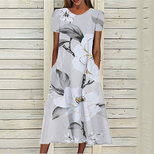 

Women's A Line Dress Midi Dress Gray Short Sleeve Floral Pocket Print Spring Summer Round Neck Stylish Casual Modern 2022 S M L XL XXL 3XL