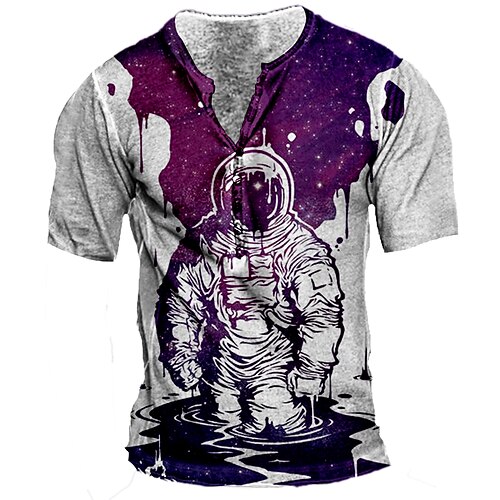 

Men's Henley Shirt Tee T shirt 3D Print Graphic Astronaut Plus Size Henley Daily Sports Button-Down Print Short Sleeve Tops Basic Casual Designer Big and Tall Purple