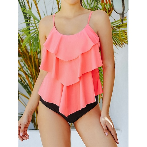 

Women's Swimwear Tankini 2 Piece Normal Swimsuit Ruffle Open Back High Waisted Flower Pure Color Black Blue Rosy Pink Sky Blue Camisole Strap Bathing Suits New Vacation Fashion / Modern / Padded Bras