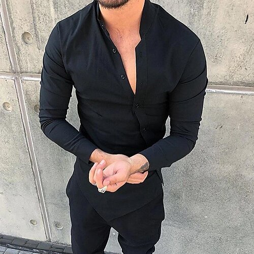 

Men's Shirt Solid Color Stand Collar Street Casual Button-Down Long Sleeve Tops Casual Fashion Breathable Comfortable White Black