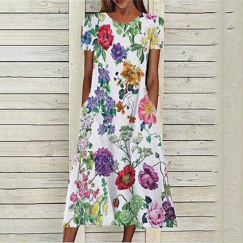 

Women's A Line Dress Midi Dress White Short Sleeve Floral Pocket Print Spring Summer Round Neck Stylish Casual Modern 2022 S M L XL XXL 3XL